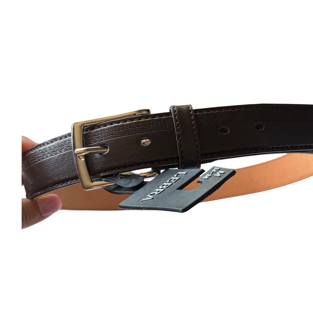 NEW Lebra Mens Brown Genuine Leather Belt Size M 34-36 Textured Silver‎ Buckle